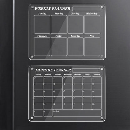 Set of 2Pcs Acrylic Magnetic Calendar for Fridge Clear Dry Erase Board Planner with 5 Colorful Markers Monthly and Weekly