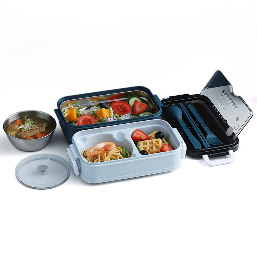 Stackable 3-Compartment Bento Box Lunch Containers with Dinnerware & Seal Cover Blue