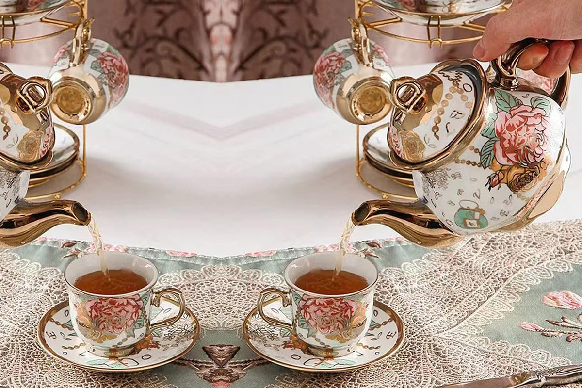 20Pcs Ceramic Tea Sets for Tea Party Porcelain Tea Set With Metal Holder and Teapot