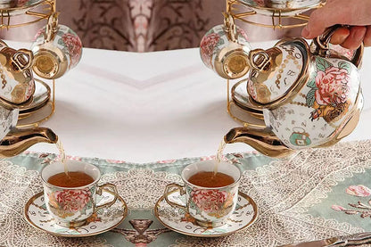 20Pcs Ceramic Tea Sets for Tea Party Porcelain Tea Set With Metal Holder and Teapot