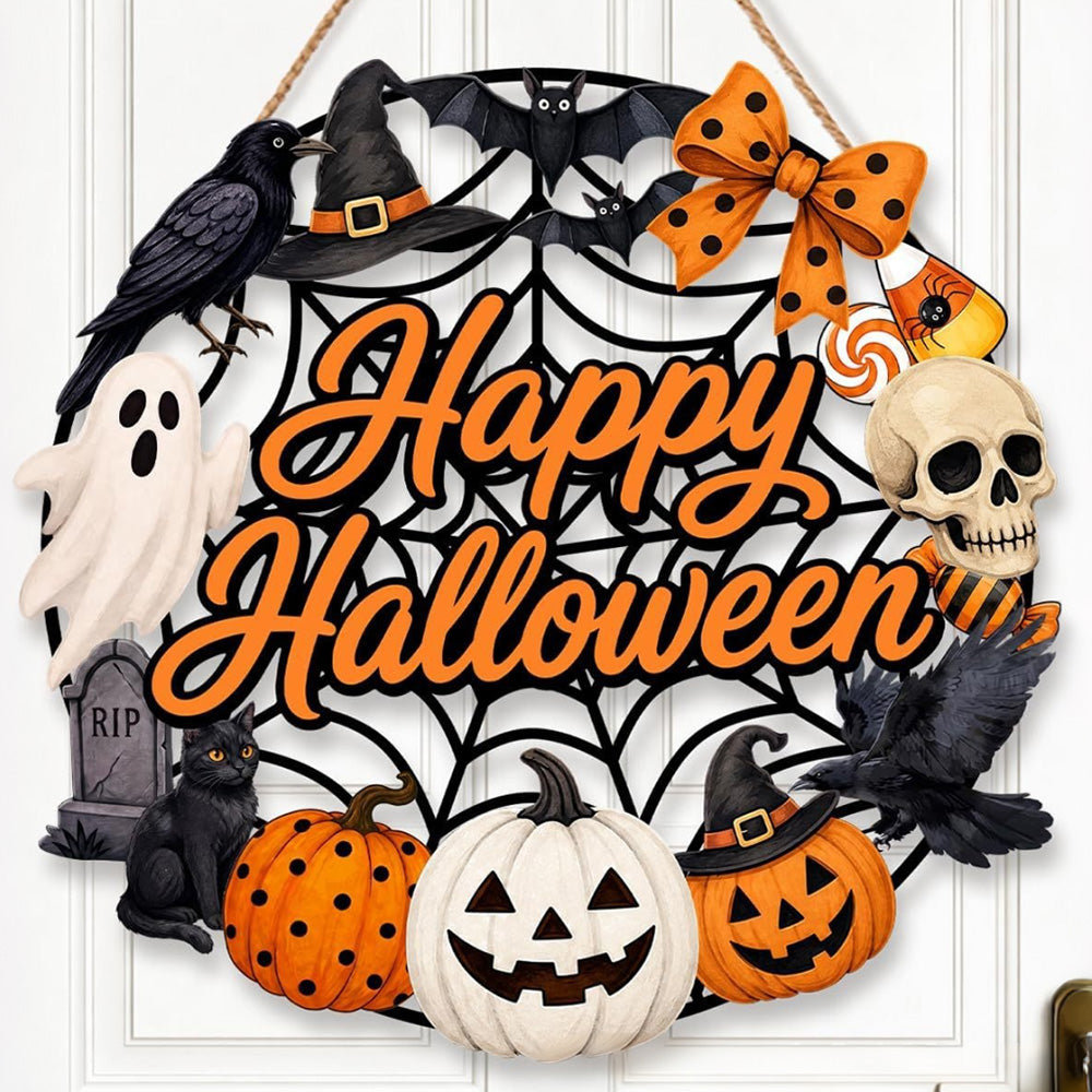 2 Pack Engineered Wood Halloween Ghost Pumpkin Hanging Door Signs - Happy Halloween