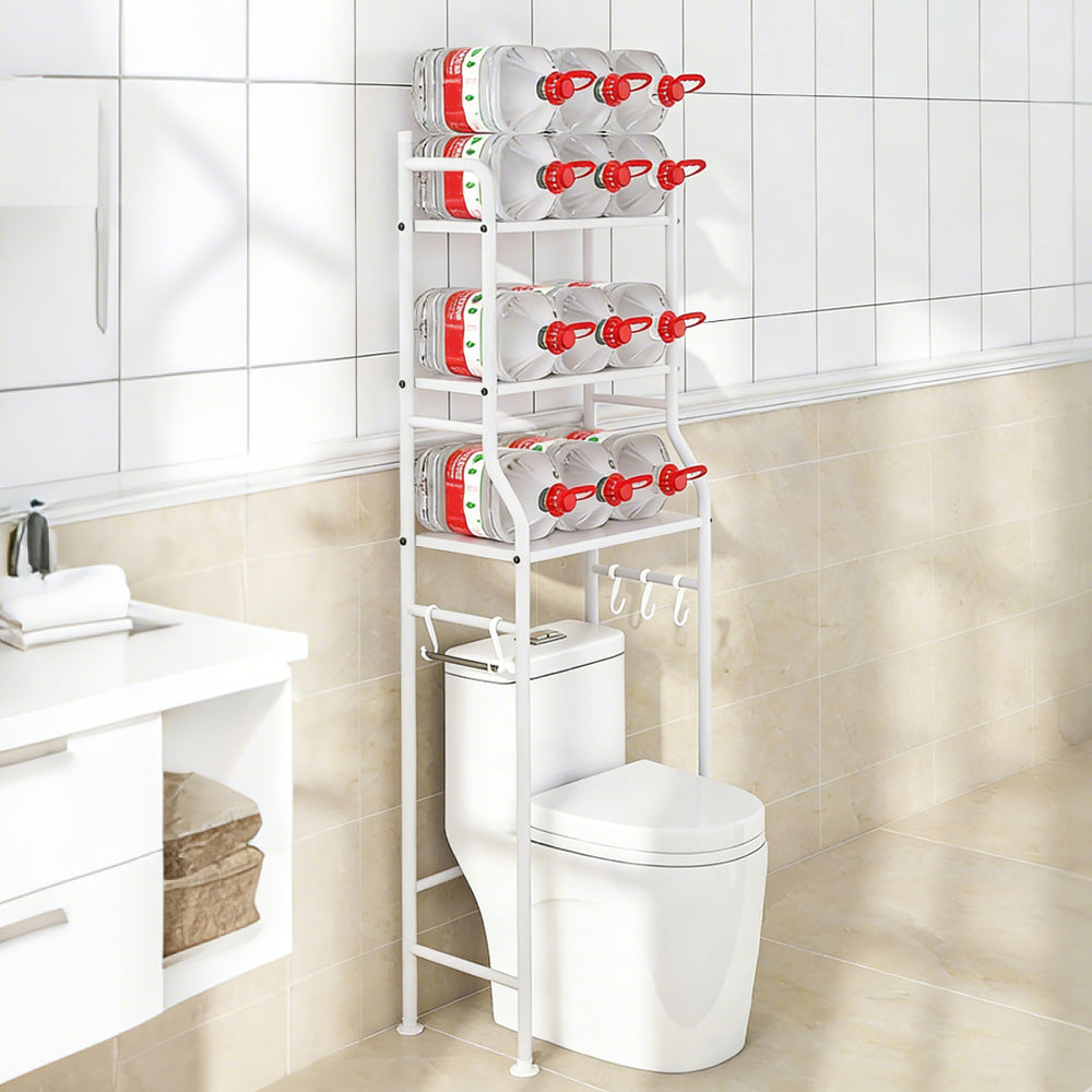 3 Tier Shelf Over Toilet Storage Rack With Paper Holder And Hooks-White