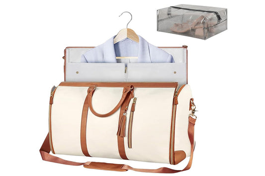 Water-Resistant Garment Duffle Bag Duffle Bag PU Leather Travel Bag -Beige