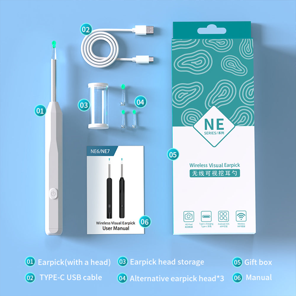 WIFI Connection Ear Wax Removal Tool Ear Set Camera Wireless Ear Endoscope Spoon -White