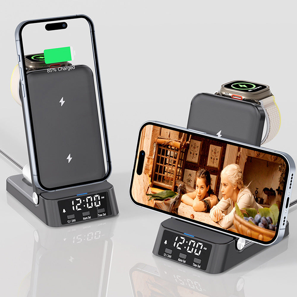 3-in-1 Wireless Charging Station with Digital Alarm Clock Fast Charging Dock for Samsung Black