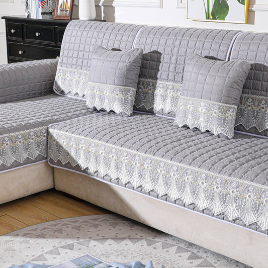 Lace Trim Sofa Cover Plaid Quilted Non-Slip Sofa Slipcover Sectional Couch Cover -Grey