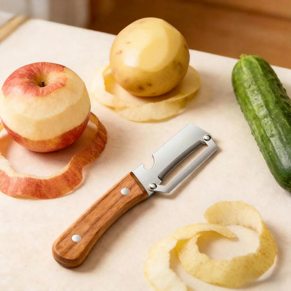 2-in-1 Vegetable Peeler with Wooden Handle Bottle Opener Stainless Steel Blade