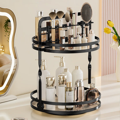 Rotating Makeup Organizer Double Layer with Brush Holder for Skincare Perfume-Black