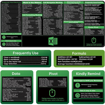 Excel Shortcuts Mouse Pad Keyboard Shortcut Mousepad Non-Slip Base Keyboard Mat