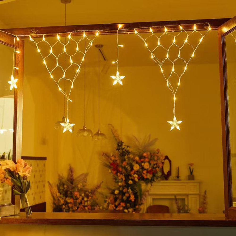 Solar Powered Star String Lights Outdoor Hanging Net Mesh Fairy Lights Warm Light