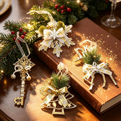 4 Piece Gold Christmas Snowflake Deer Tree and Key Hanging Ornament Set