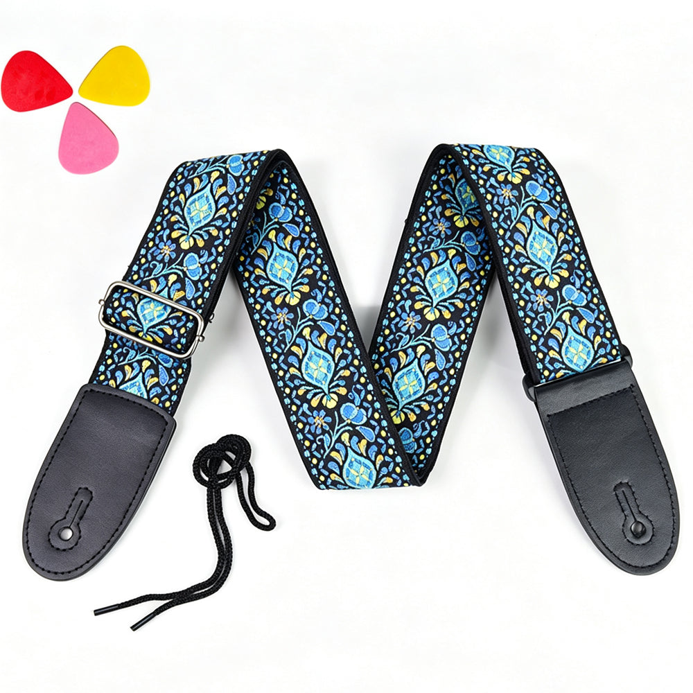 97-156cm Embroidered Acoustic Guitar Strap with 3 Picks- Blue