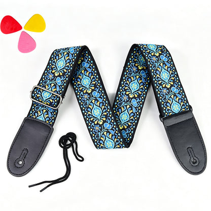 97-156cm Embroidered Acoustic Guitar Strap with 3 Picks- Blue