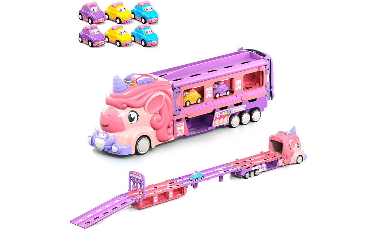 Car Toys Unicorn Toys Truck with Foldable Race Track and 6 Princess Cars for Girls
