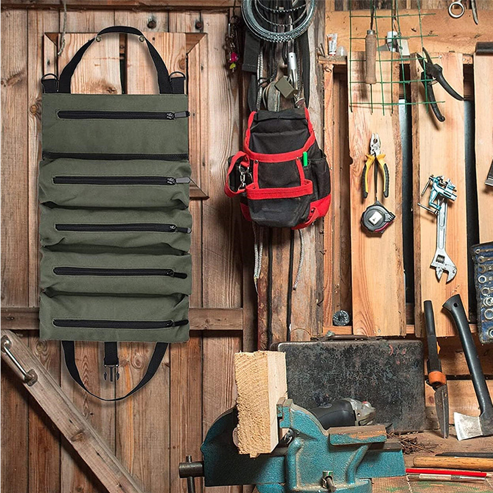 Roll Up Tool Bag Oxford Canvas Tool Organizer with 5 Zippered Pockets