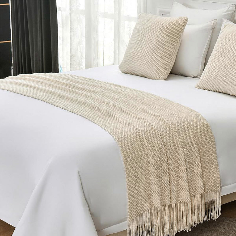Vintage Knitted Throw Blanket with Tassels-Beige