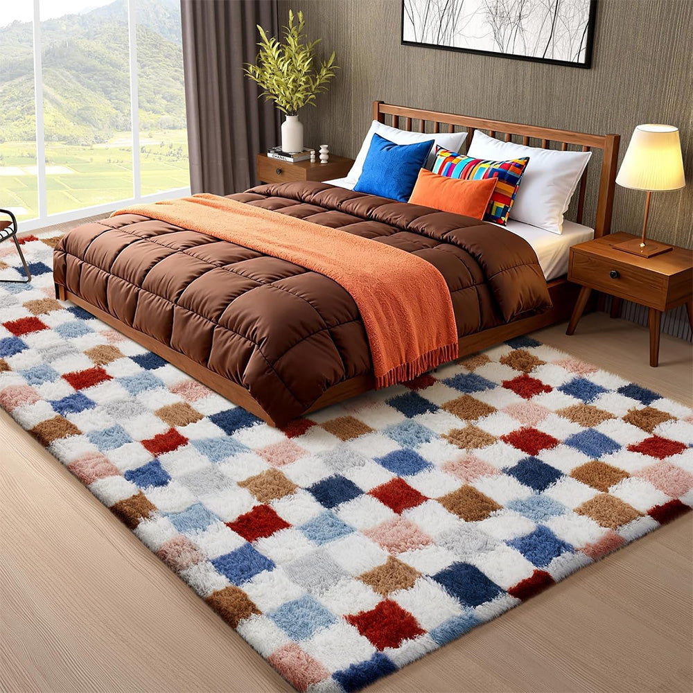 Checkered Plush Shaggy Rug Thickened Non Slip Carpet for Living Room Bedroom-Mixed