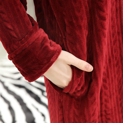 Unisex Bathrobe Fleece Robes Winter Warm Nightgown Sleepwear Pyjamas-Wine Red