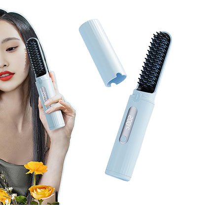 Portable Cordless Electric Hair Straightener Brush USB Rechargeable Heated Comb-Black