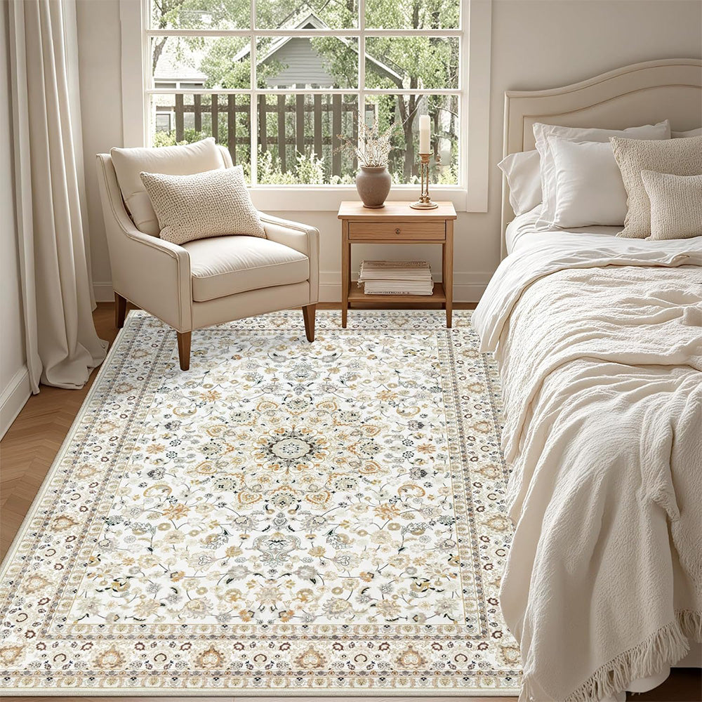 Crystal Velvet Vintage Boho Rug Non-Slip Floor Carpet for Bedroom Dining Room-White