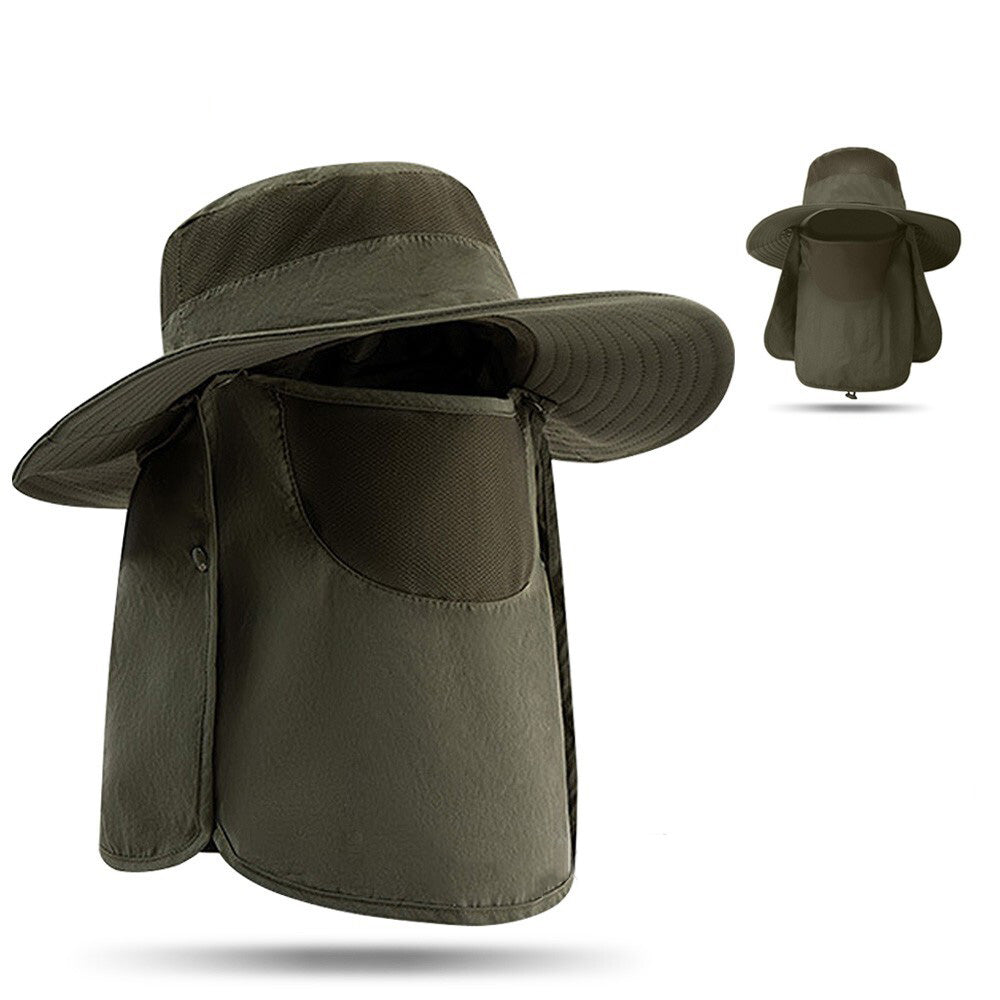 Sun Protection Fishing Cap Wide Brim Hat With Neck Flap And Face Cover-Army Green
