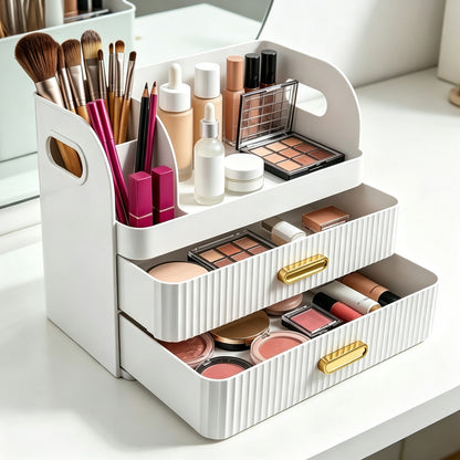 Makeup Organiser with 2 Drawers Cosmetic Storage Box Multi-Section Makeup Skincare Storage Box White
