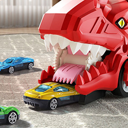 7Pcs Set Dinosaur Truck Toys Foldable Transport Track with 6 Pull Back Cars for Kids Christmas Birthday Red