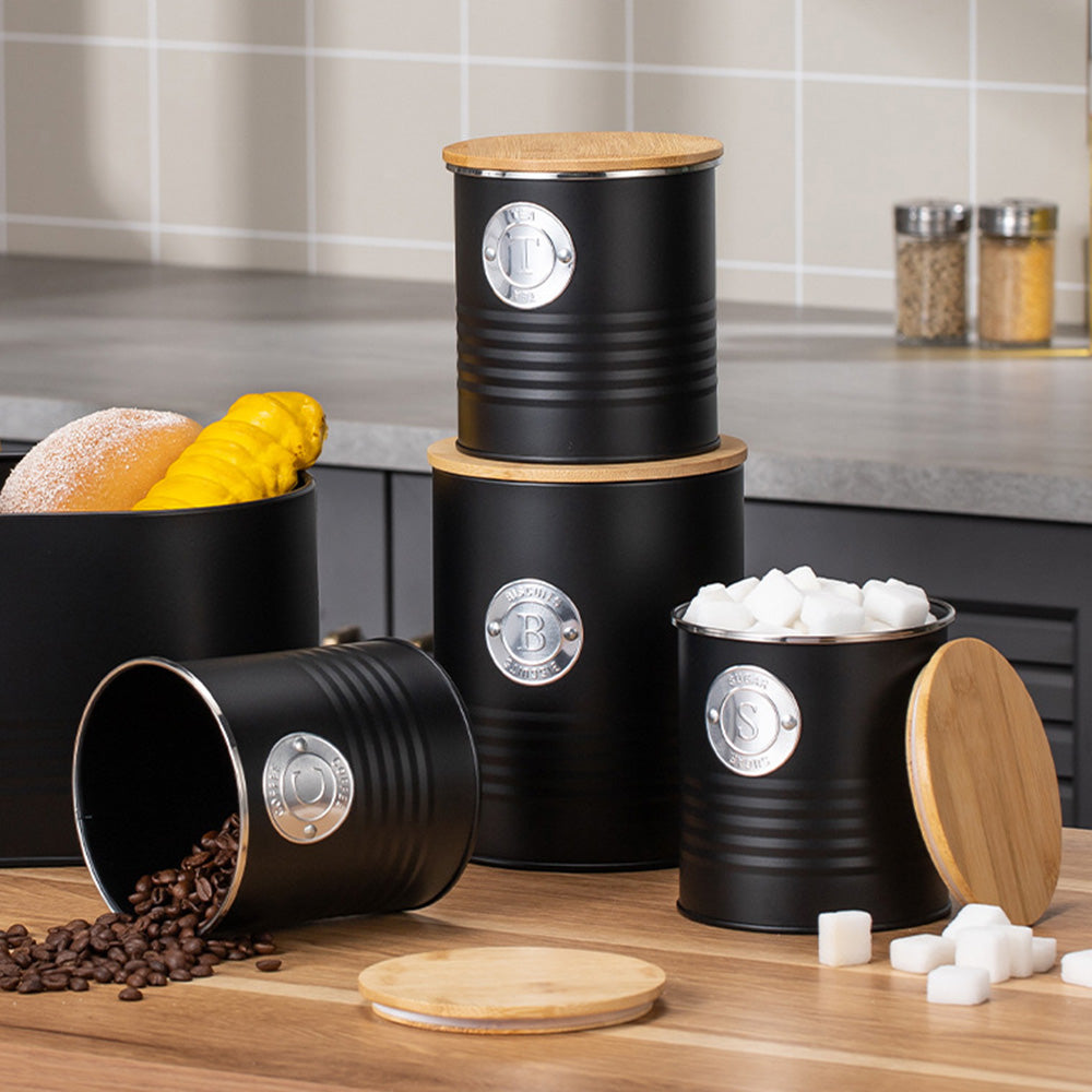 5 Piece Black Bread Bin and Airtight Kitchen Storage Canister Set