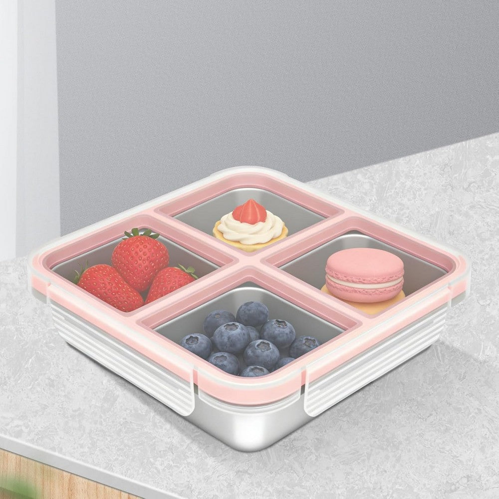 2Pcs Stainless Steel Snack Box With 4 Compartments Divided Meal Prep Container-Pink
