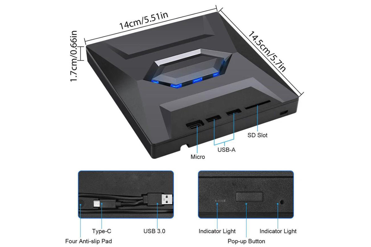 7 in 1 External CD DVD Drive USB3.0 Type-C Writer Burner Player for Laptop Windows