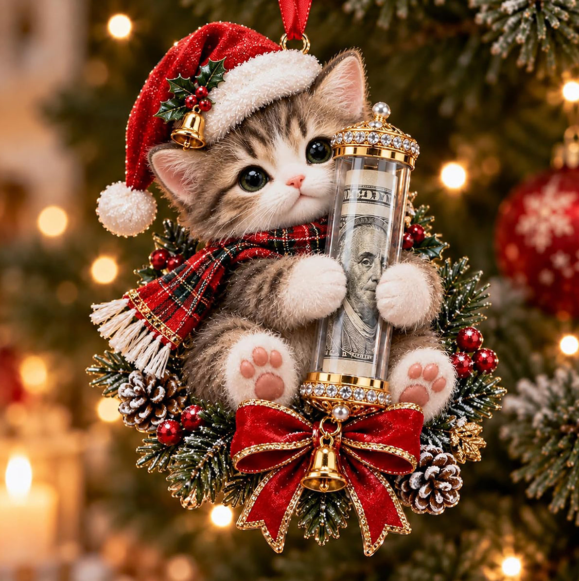 5 Piece Christmas Cash Holder Animal Ornaments with Clear Money Tubes