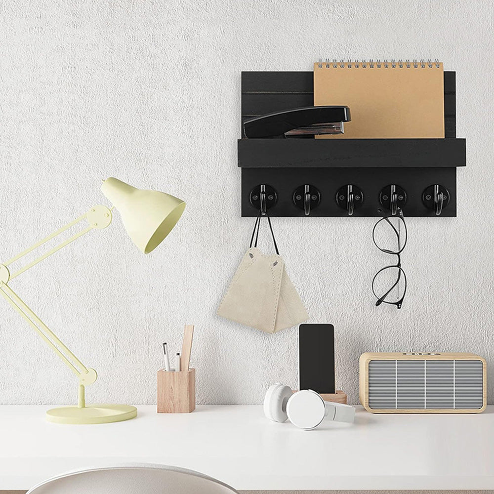 Rustic Wall Mounted Mail and Key Holder Organizer with Hooks for Entryway Black