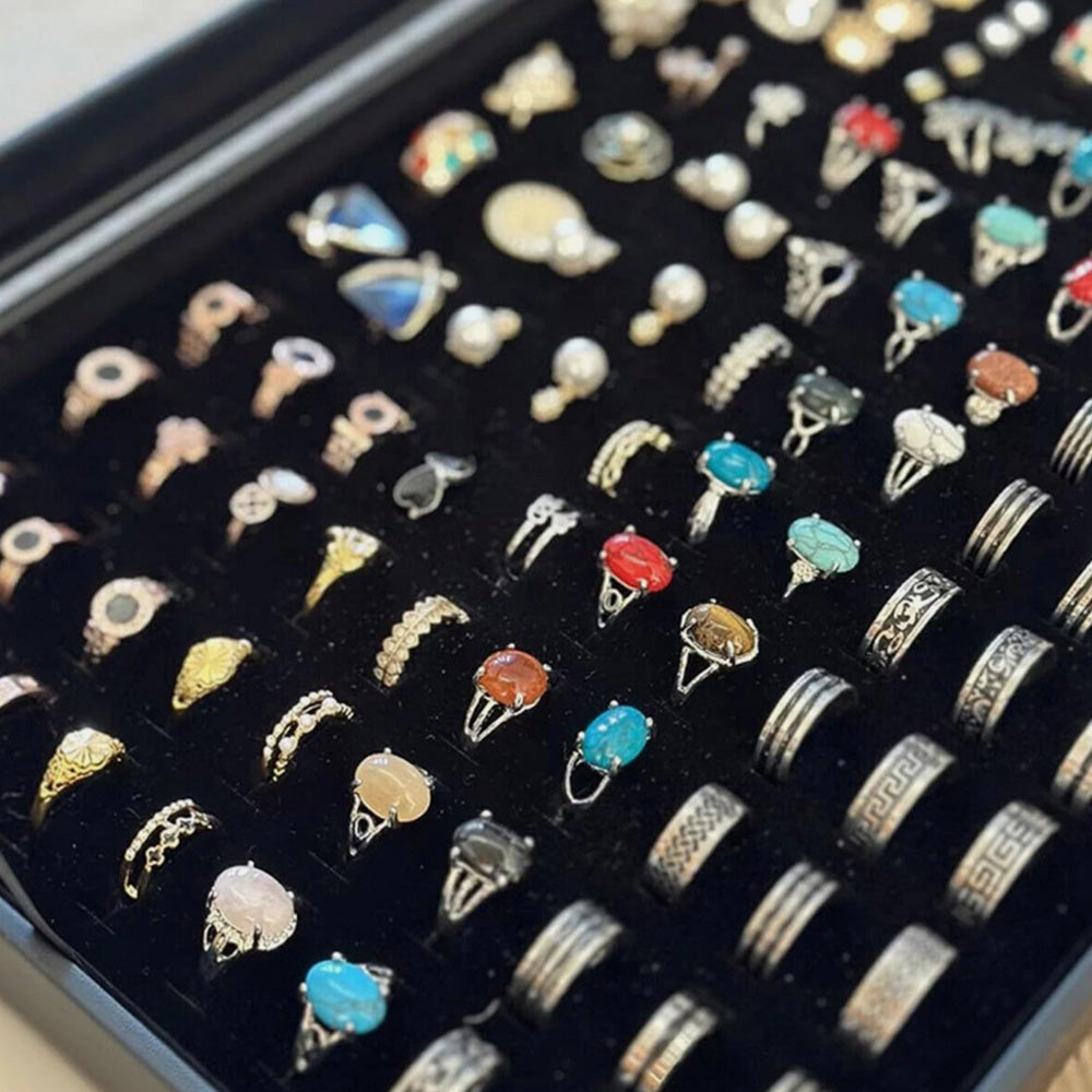 100 Slots Jewelry Ring Display Organizer Box with Glass Lid ¨C Earring and Ring Storage Tray