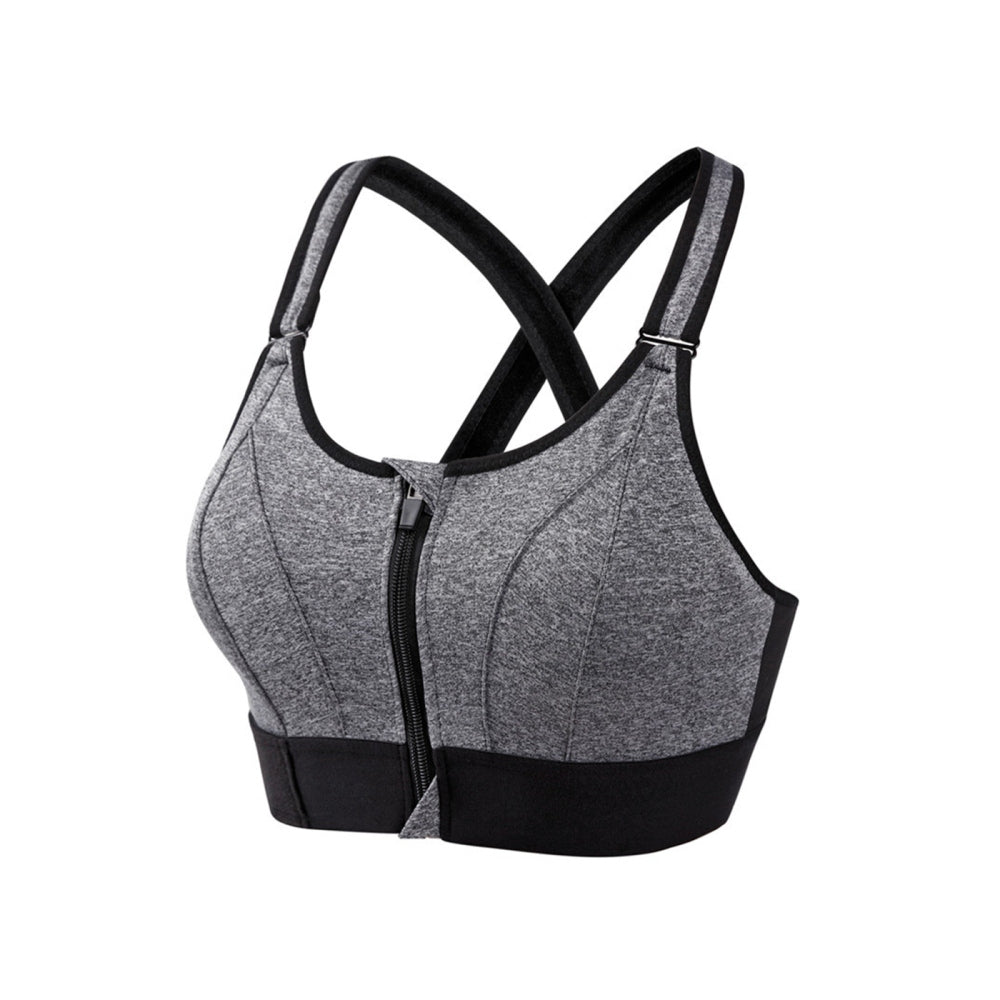 Adjustable Supportive Sports Bra with Front Zipper for Women-Grey