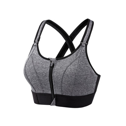 Adjustable Supportive Sports Bra with Front Zipper for Women-Grey
