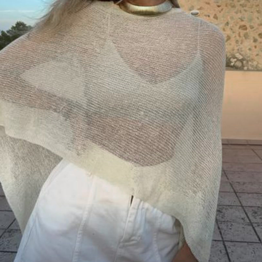 Summer Irregular Sheer Poncho Shawl Beach Cover Up - Beige
