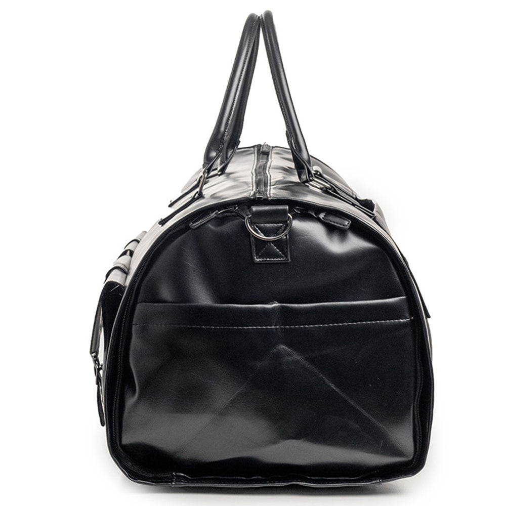 Foldable Carry on Duffel Bag PU Leather Overnight Luggage Bag With Shoes Compartment-Black