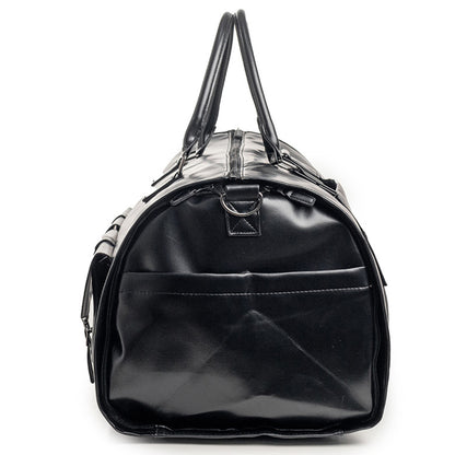 Foldable Carry on Duffel Bag PU Leather Overnight Luggage Bag With Shoes Compartment-Black