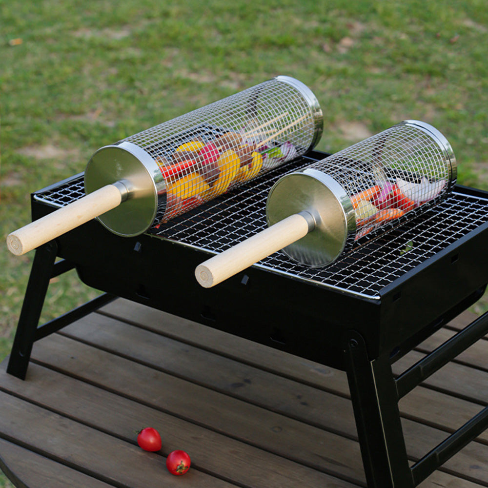 2 Pack Rolling Grill Basket with Wooden Handle