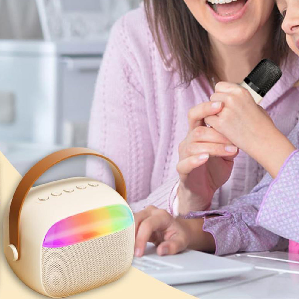 Mini Karaoke Machine with 2 Wireless Microphones Portable Bluetooth Speaker Singing Machine Beige