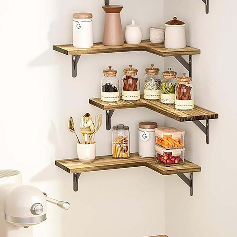 Corner Floating Shelves Set of 3 Wall Mounted Rustic Wood Storage Display Shelves-Brown