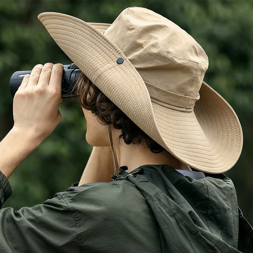 Foldable Wide Brim UV Sun Hat with Wind Strap for Fishing Hiking - Khaki