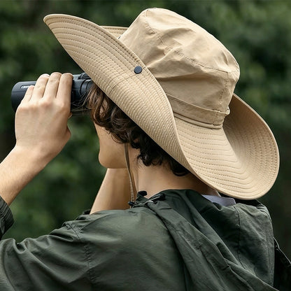 Foldable Wide Brim UV Sun Hat with Wind Strap for Fishing Hiking - Khaki