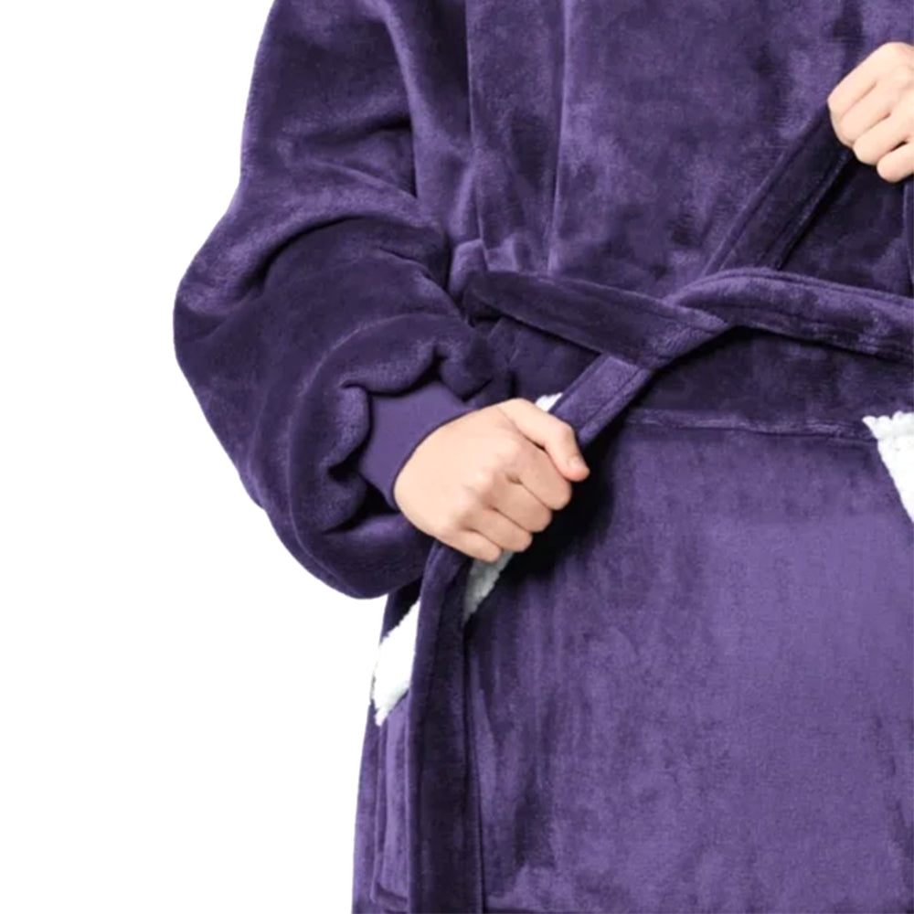 Wearable Hoodie Blanket with Giant Pocket and Waist Belt Long Hooded Blanket Purple