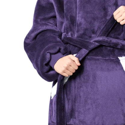 Wearable Hoodie Blanket with Giant Pocket and Waist Belt Long Hooded Blanket Purple