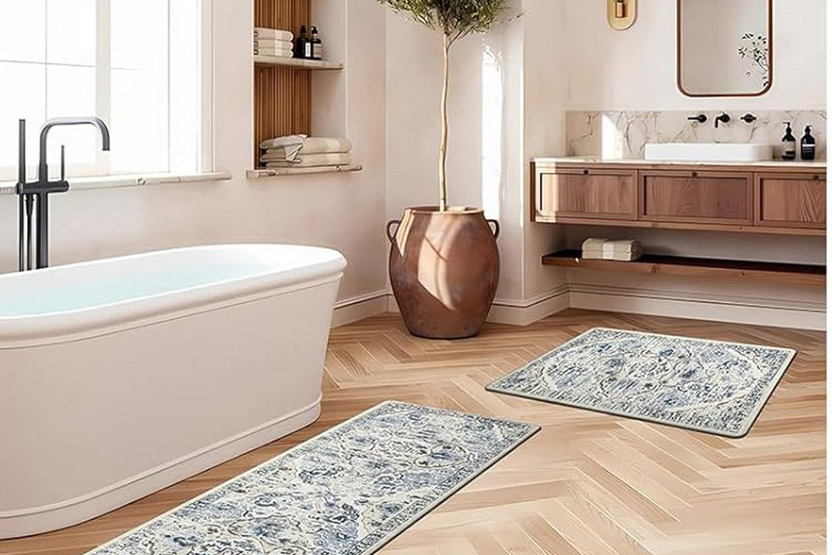 2Pcs Boho Anti-Fatigue Kitchen Mats Non-Slip Cushioned for Kitchen Sink Laundry -Navy Blue