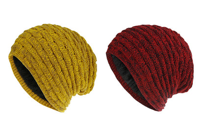 2Pcs Men Women Unisex Winter Warm Fleece Lined Slouchy Knit Beanie Hat-Red And Yellow