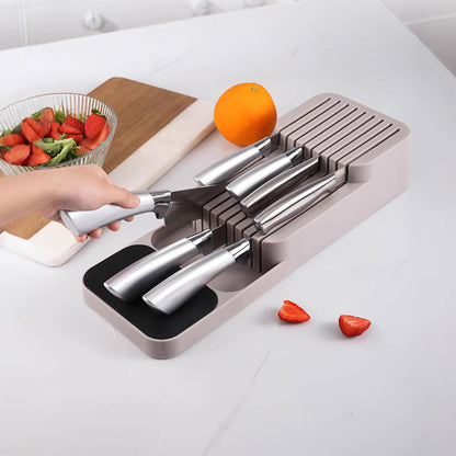 Storage Rack Knife Block Organizer Kitchen Knives Holder Countertop or Drawer Use-Beige