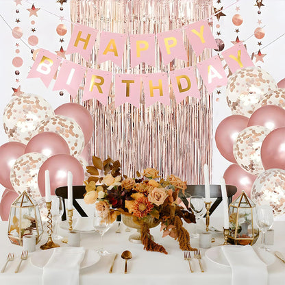 Rose Gold Happy Birthday Party Decorations Set Banner Foil Balloons Curtain Backdrop for Women Girls