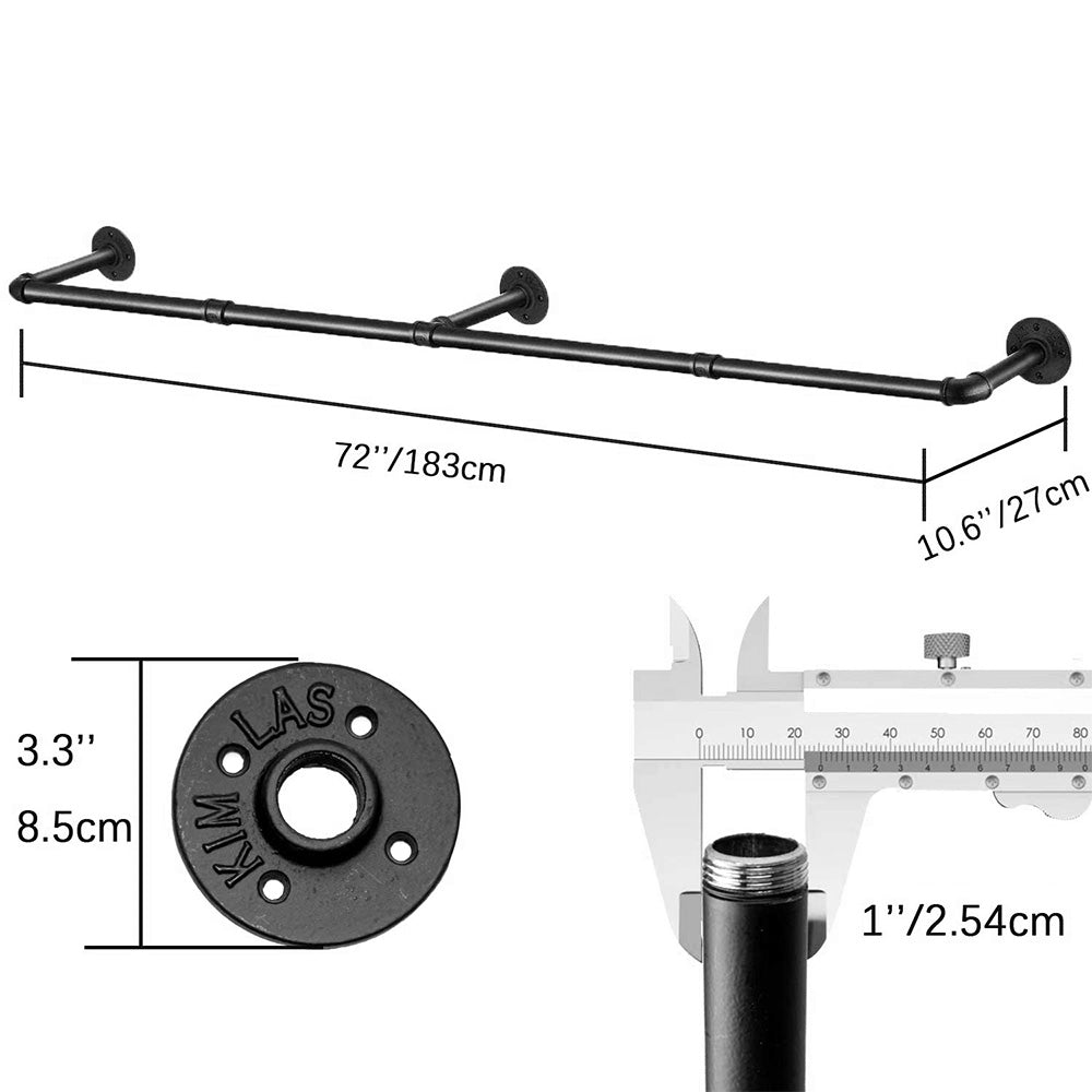 183cm Galvanized Carbon Steel Wall Mounted Clothes Rack - Black